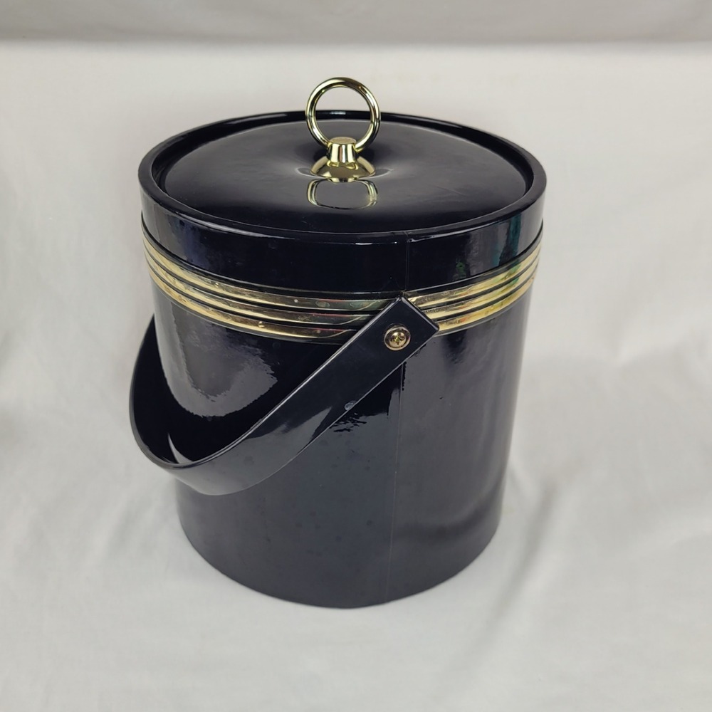 Vintage MCM Black Vinyl Lid and Handle  Ice Bucket Gold Trim Hollywood Regency